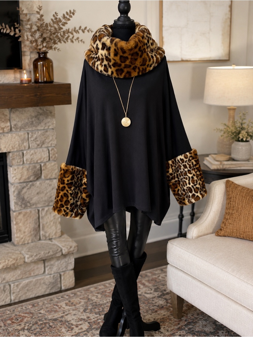 Philosophy Republic Clothing Black Leopard Faux Fur Trim Poncho Tunic XL
